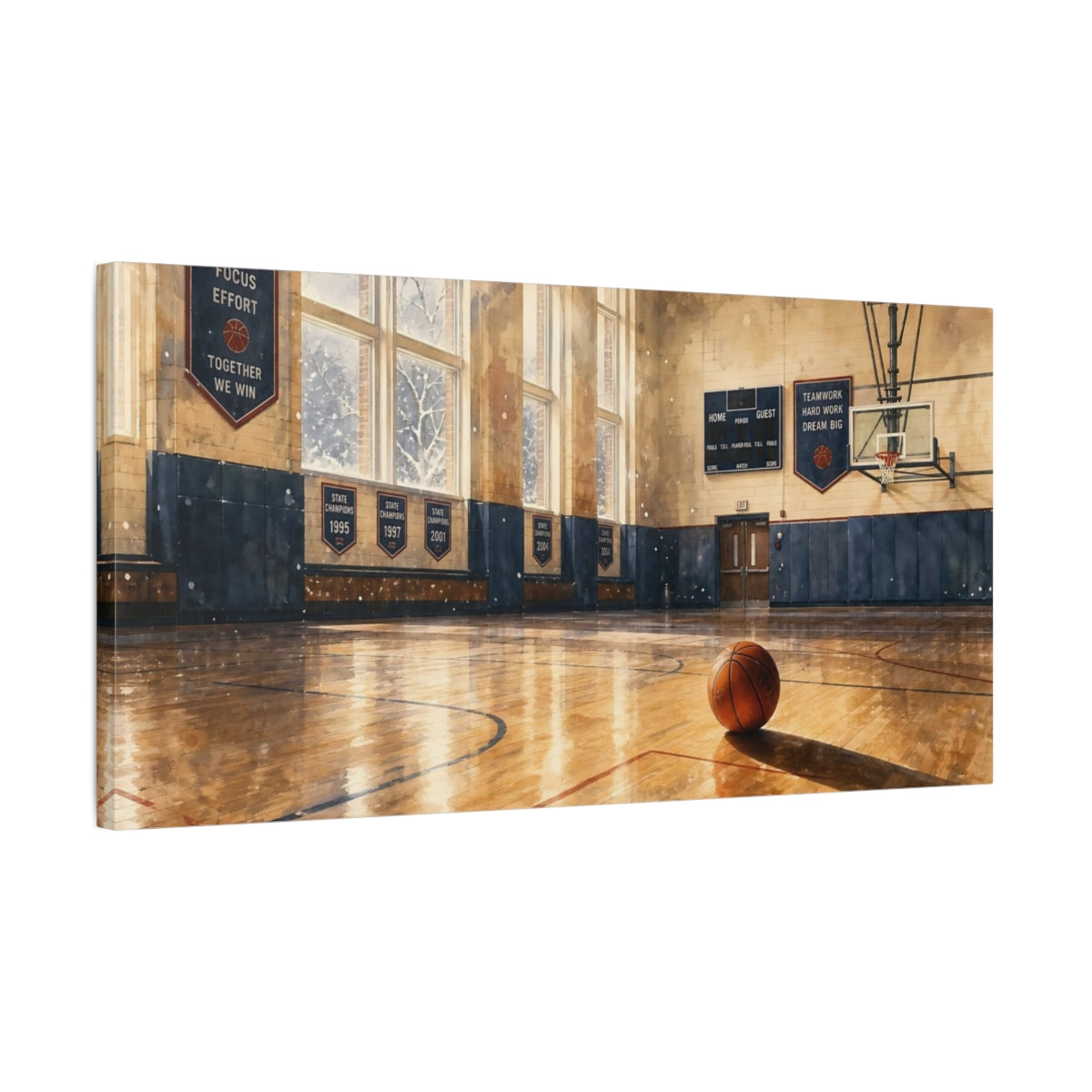 Side Mockup 1. Sunlit School Gym shown as canvas print