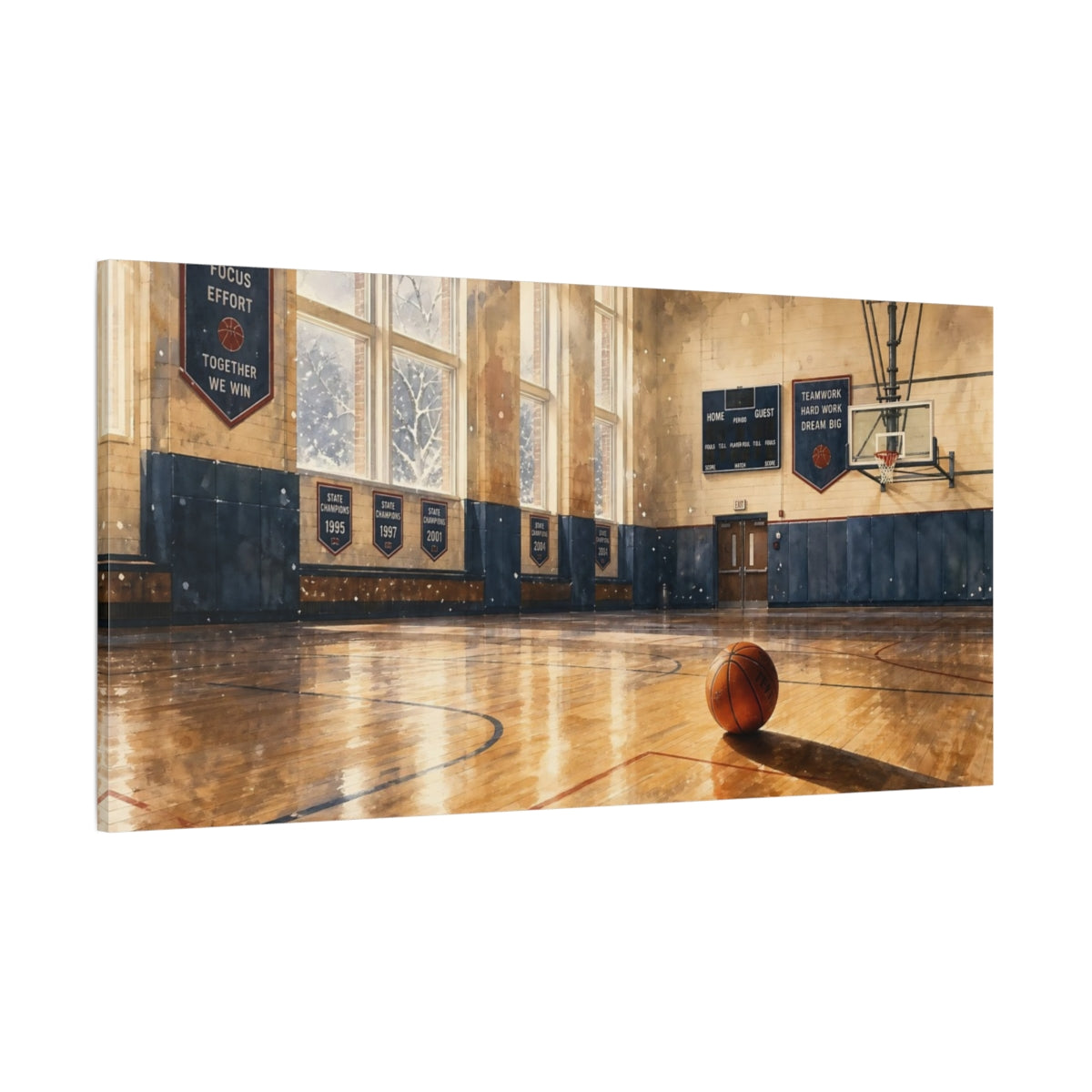Side Mockup 2. Sunlit School Gym shown as canvas print