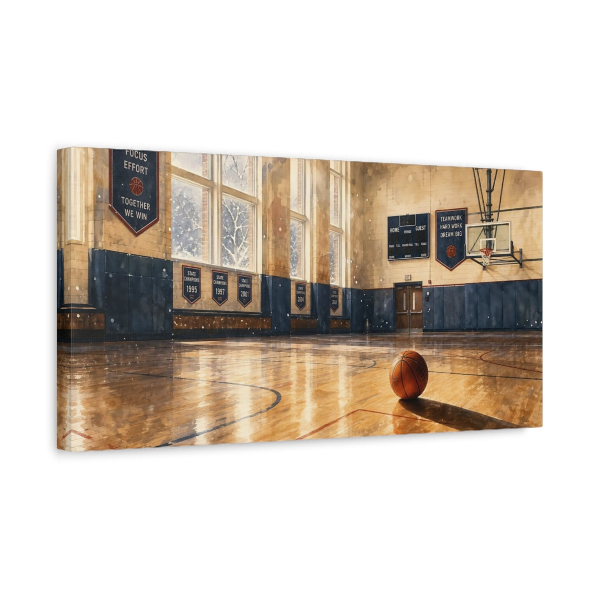 Side Mockup 3. Sunlit School Gym shown as canvas print
