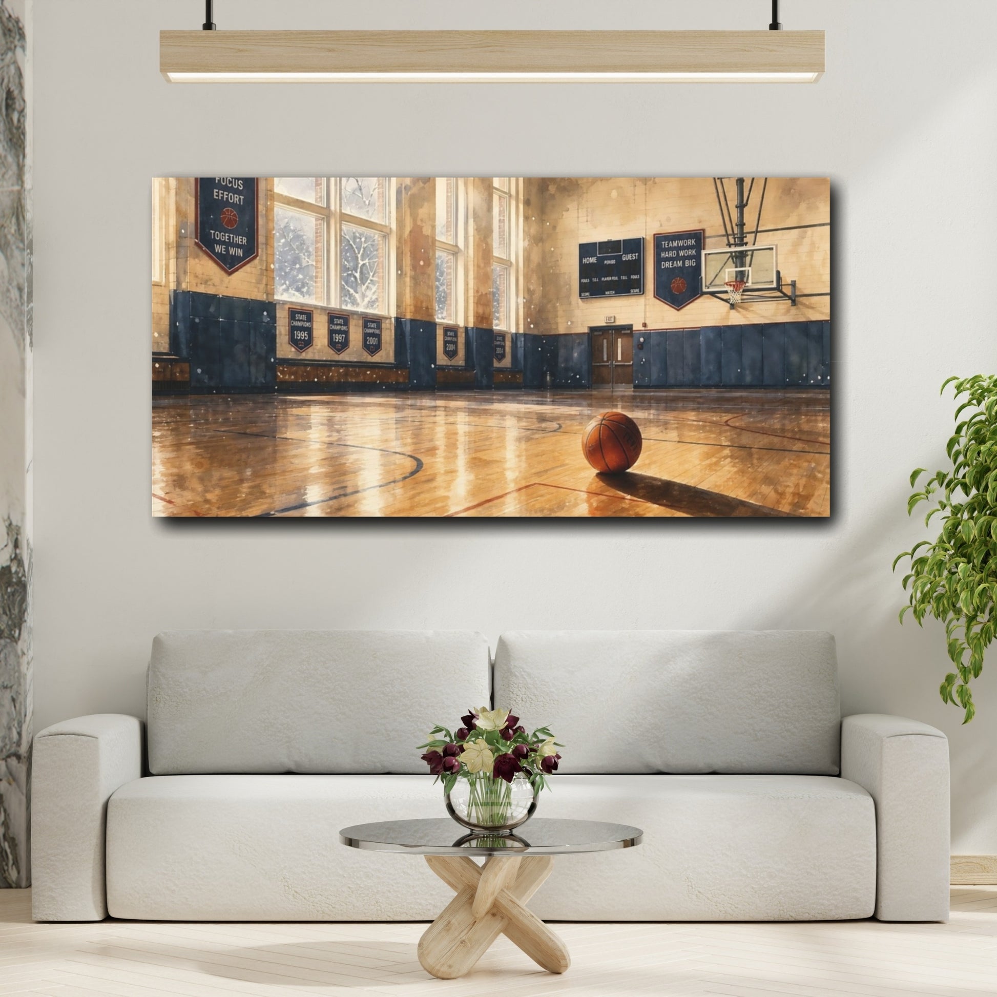 Mockup 2. Sunlit School Gym shown as canvas print