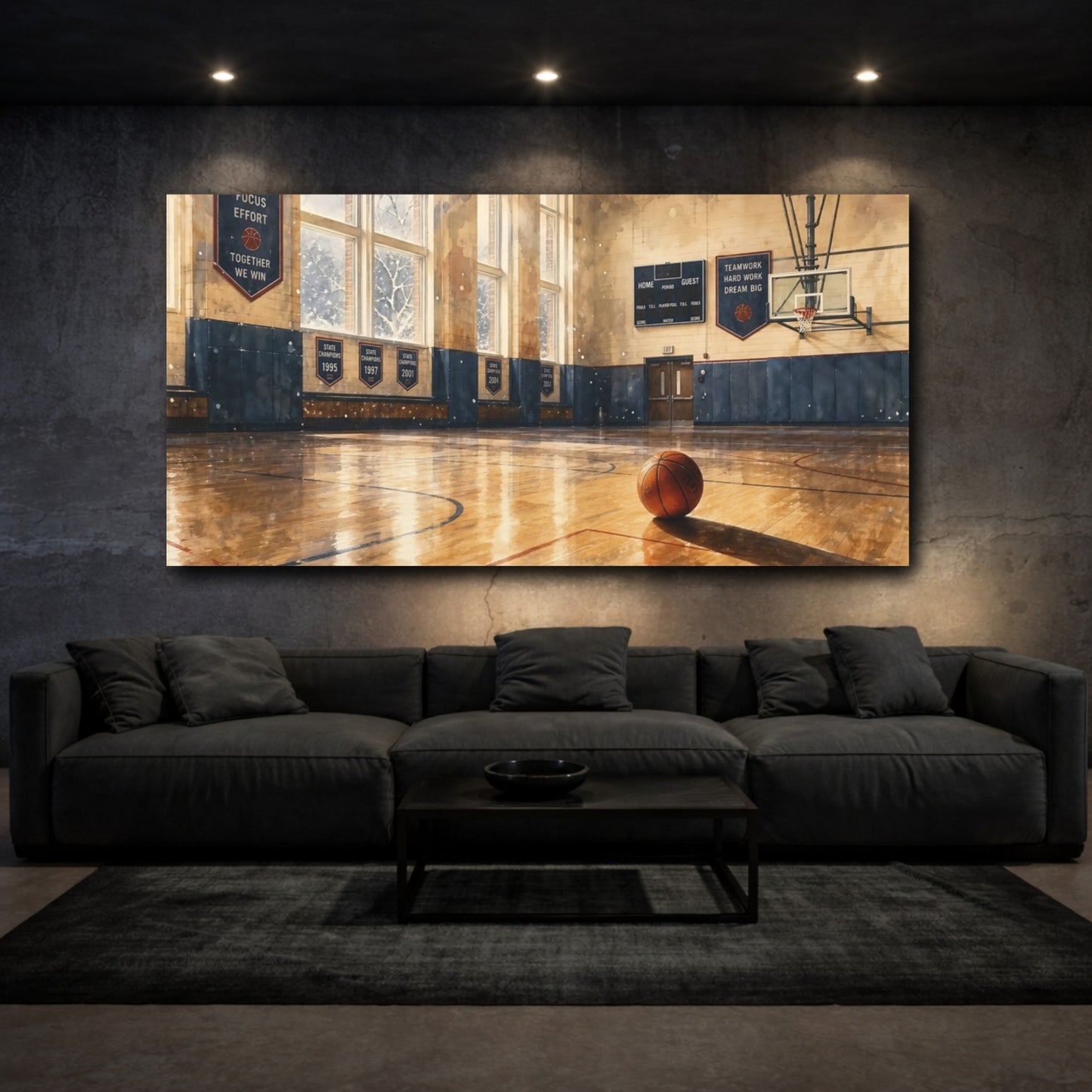 Mockup 3. Sunlit School Gym shown as canvas print