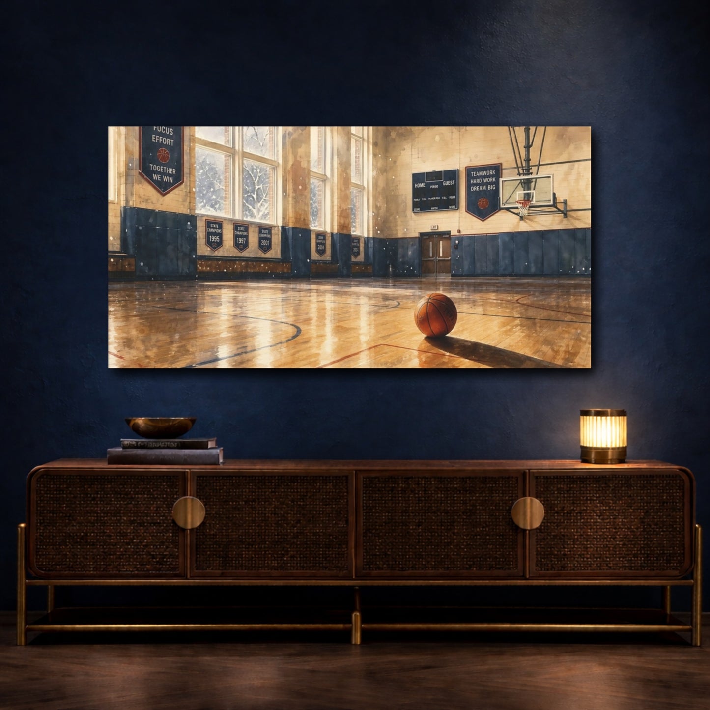 Mockup 4. Sunlit School Gym shown as canvas print