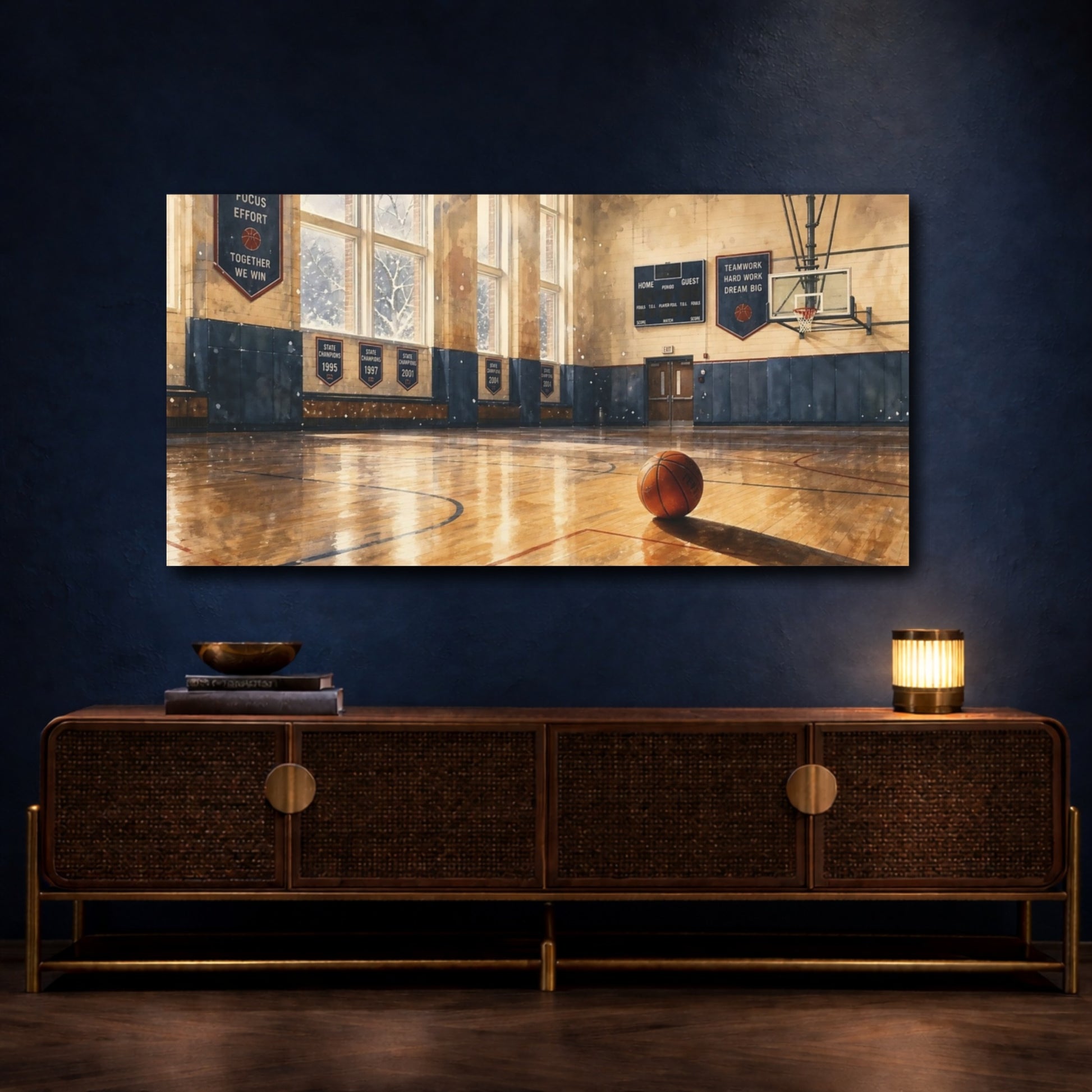Mockup 4. Sunlit School Gym shown as canvas print