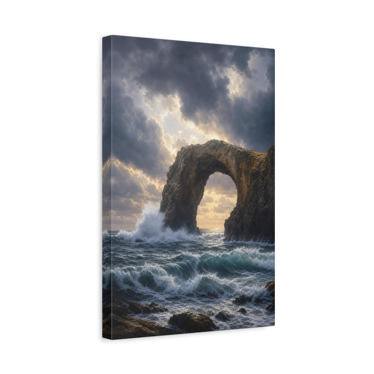 Side Mockup 4. Sunlit Sea Arch shown as canvas print