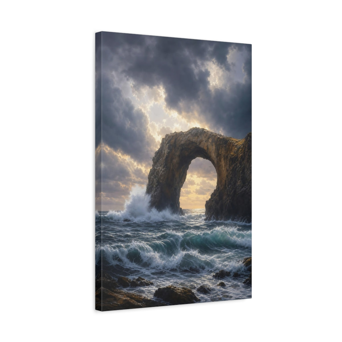 Side Mockup 3. Sunlit Sea Arch shown as canvas print