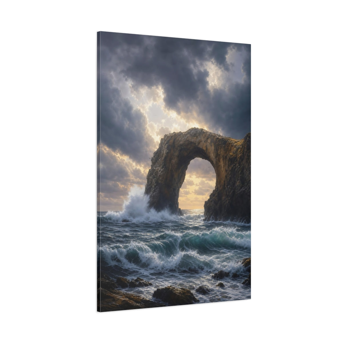 Side Mockup 1. Sunlit Sea Arch shown as canvas print