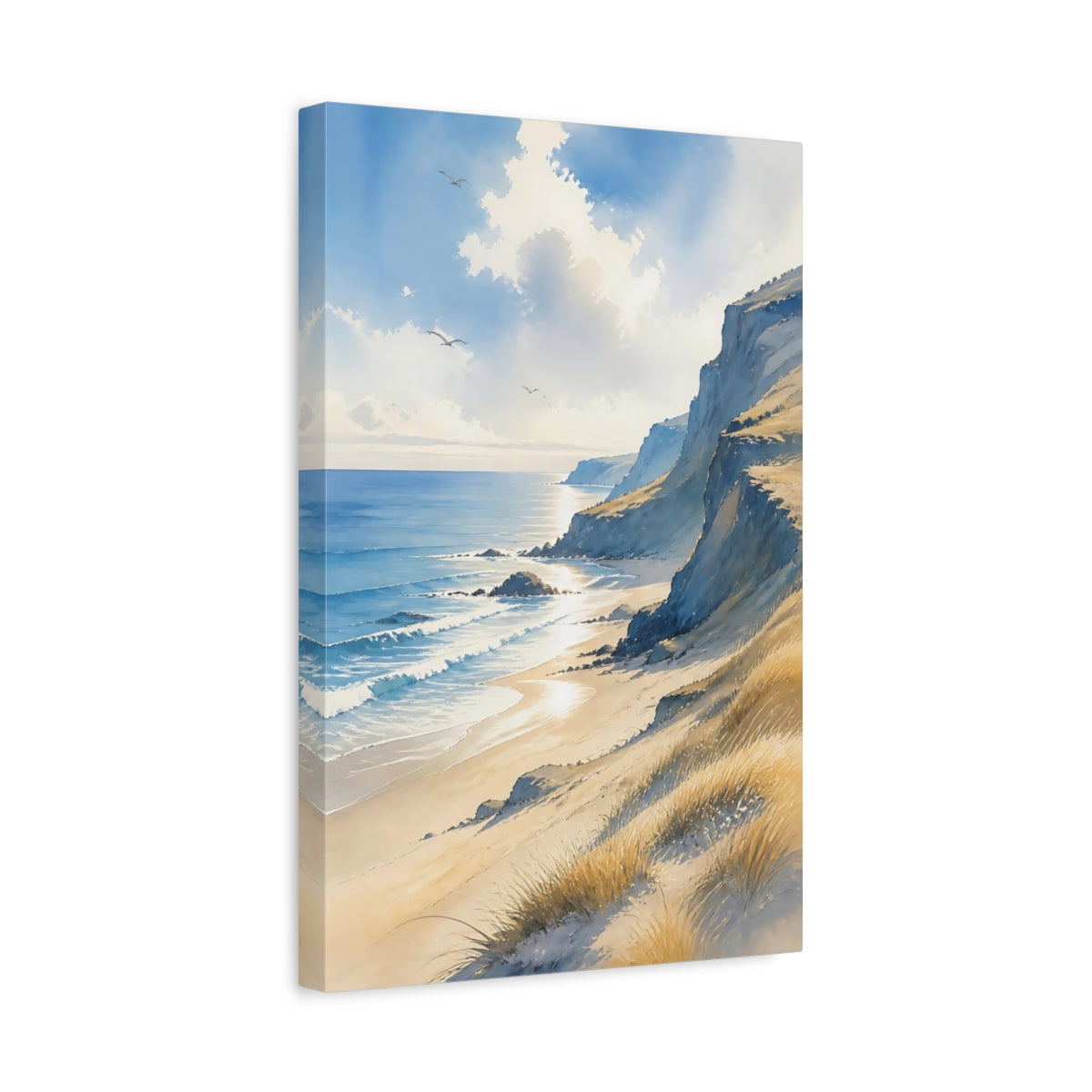 Side Mockup 4. Sunlit Sea Cliffs shown as canvas print