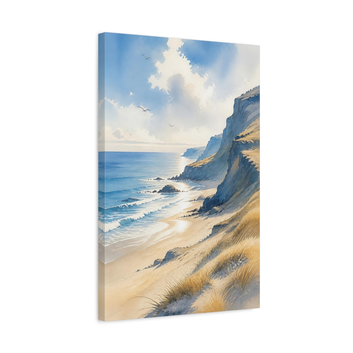Side Mockup 3. Sunlit Sea Cliffs shown as canvas print