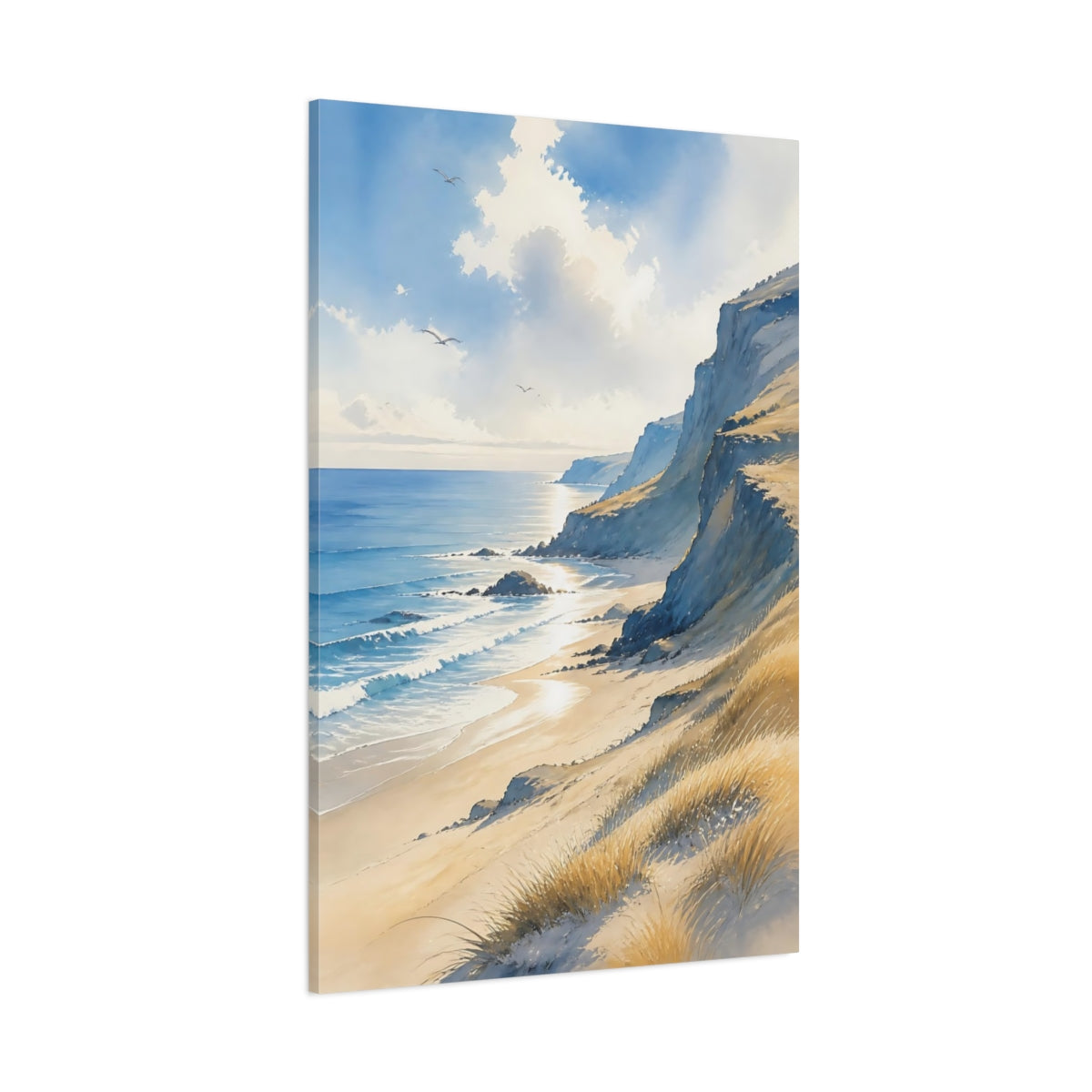 Side Mockup 1. Sunlit Sea Cliffs shown as canvas print