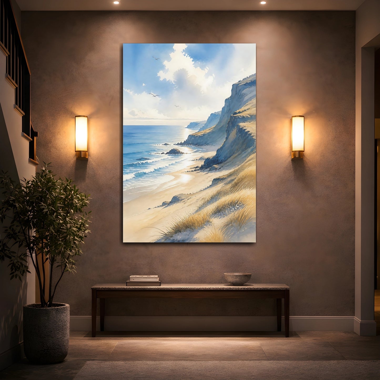 Mockup 2. Sunlit Sea Cliffs shown as canvas print