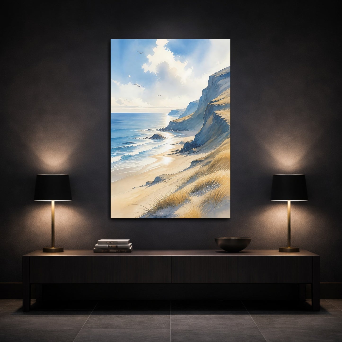 Mockup 3. Sunlit Sea Cliffs shown as canvas print