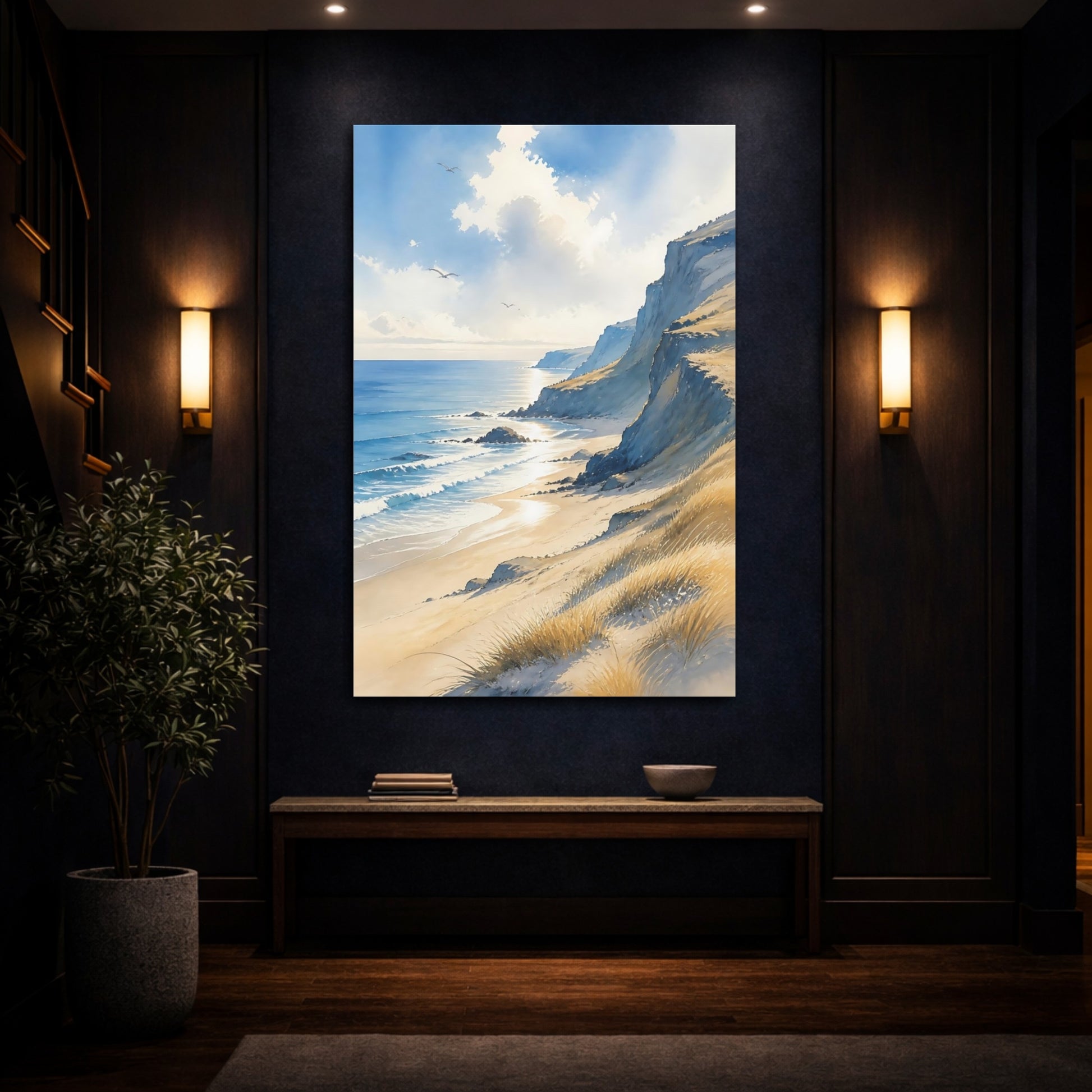 Mockup 4. Sunlit Sea Cliffs shown as canvas print