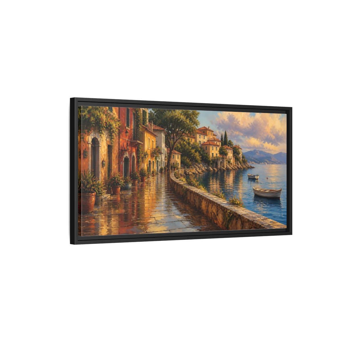 Side Mockup 2. Sunlit Seaside Promenade shown as framed canvas print