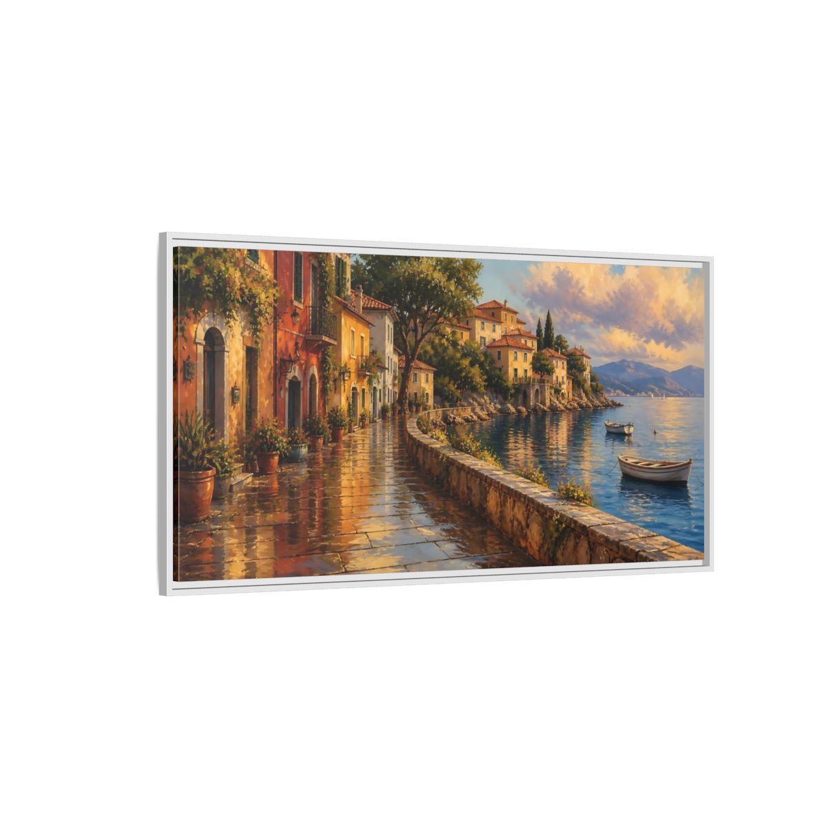 Side Mockup 3. Sunlit Seaside Promenade shown as framed canvas print