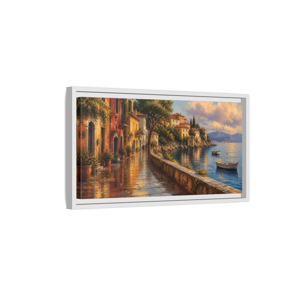 Side Mockup 6. Sunlit Seaside Promenade shown as framed canvas print