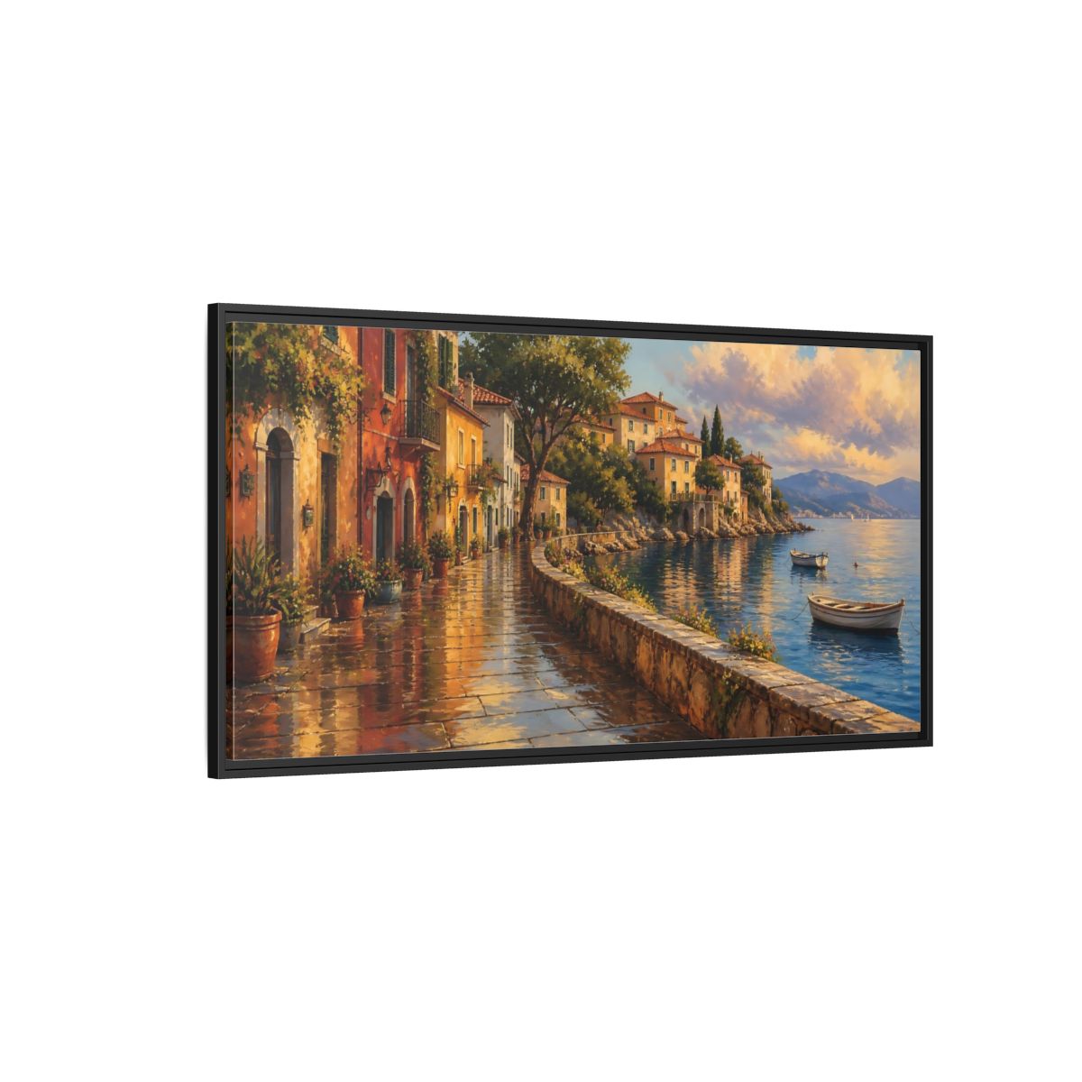 Side Mockup 5. Sunlit Seaside Promenade shown as framed canvas print