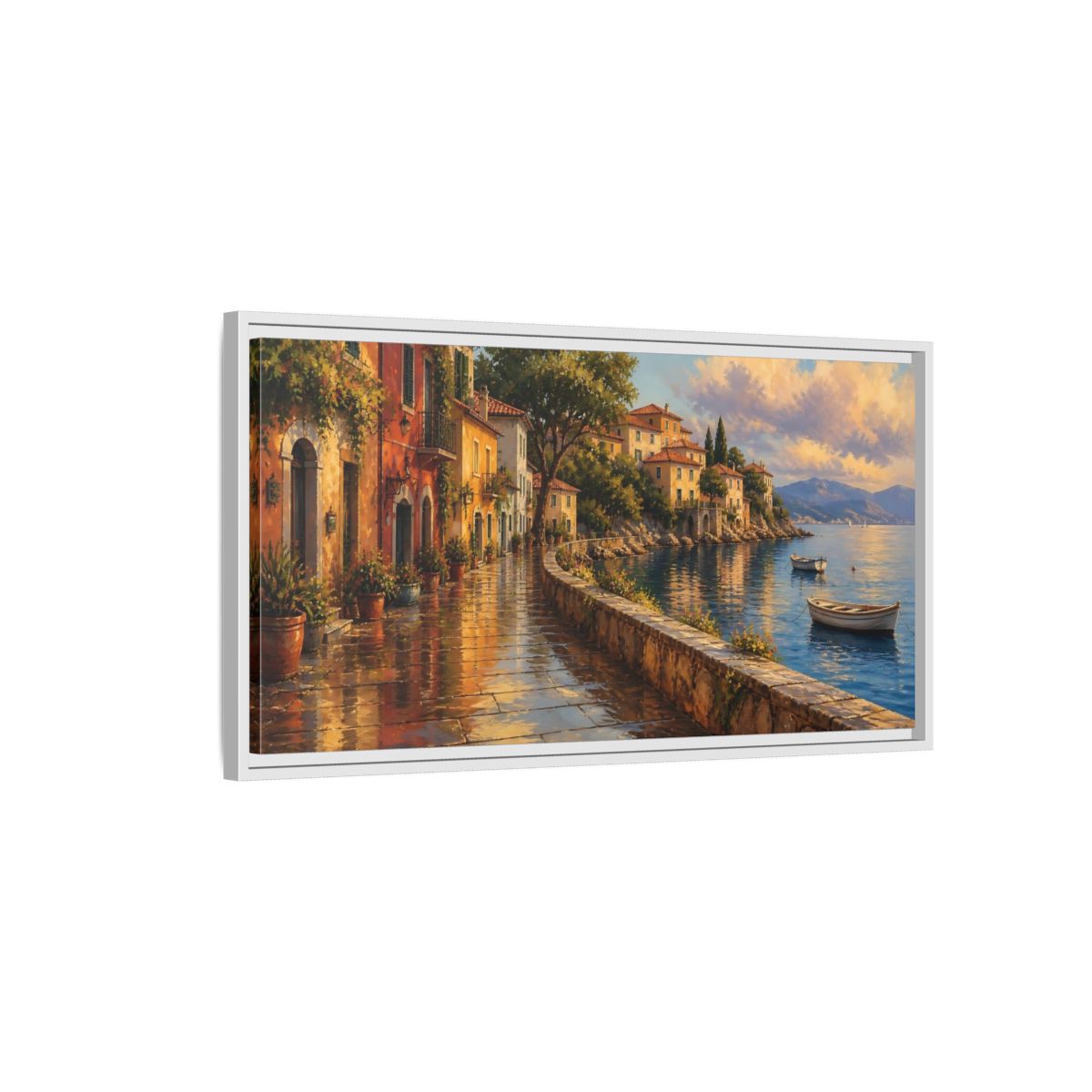 Side Mockup 1. Sunlit Seaside Promenade shown as framed canvas print
