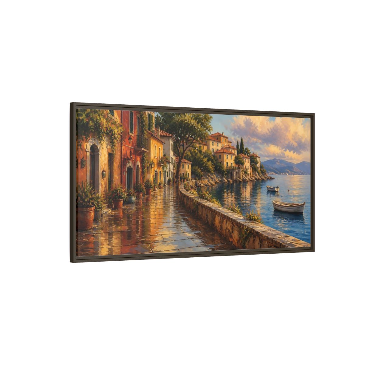 Side Mockup 4. Sunlit Seaside Promenade shown as framed canvas print