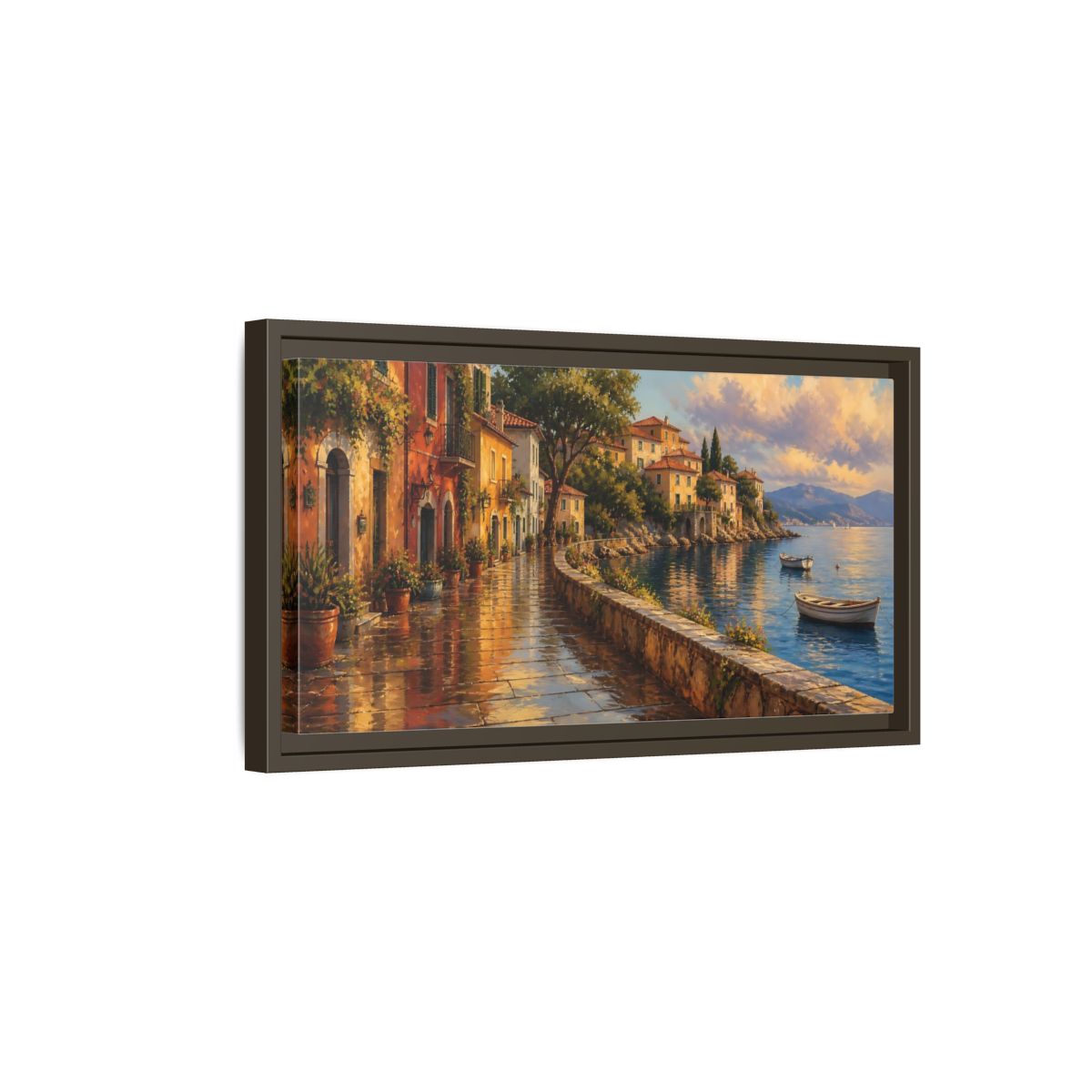 Side Mockup 7. Sunlit Seaside Promenade shown as framed canvas print