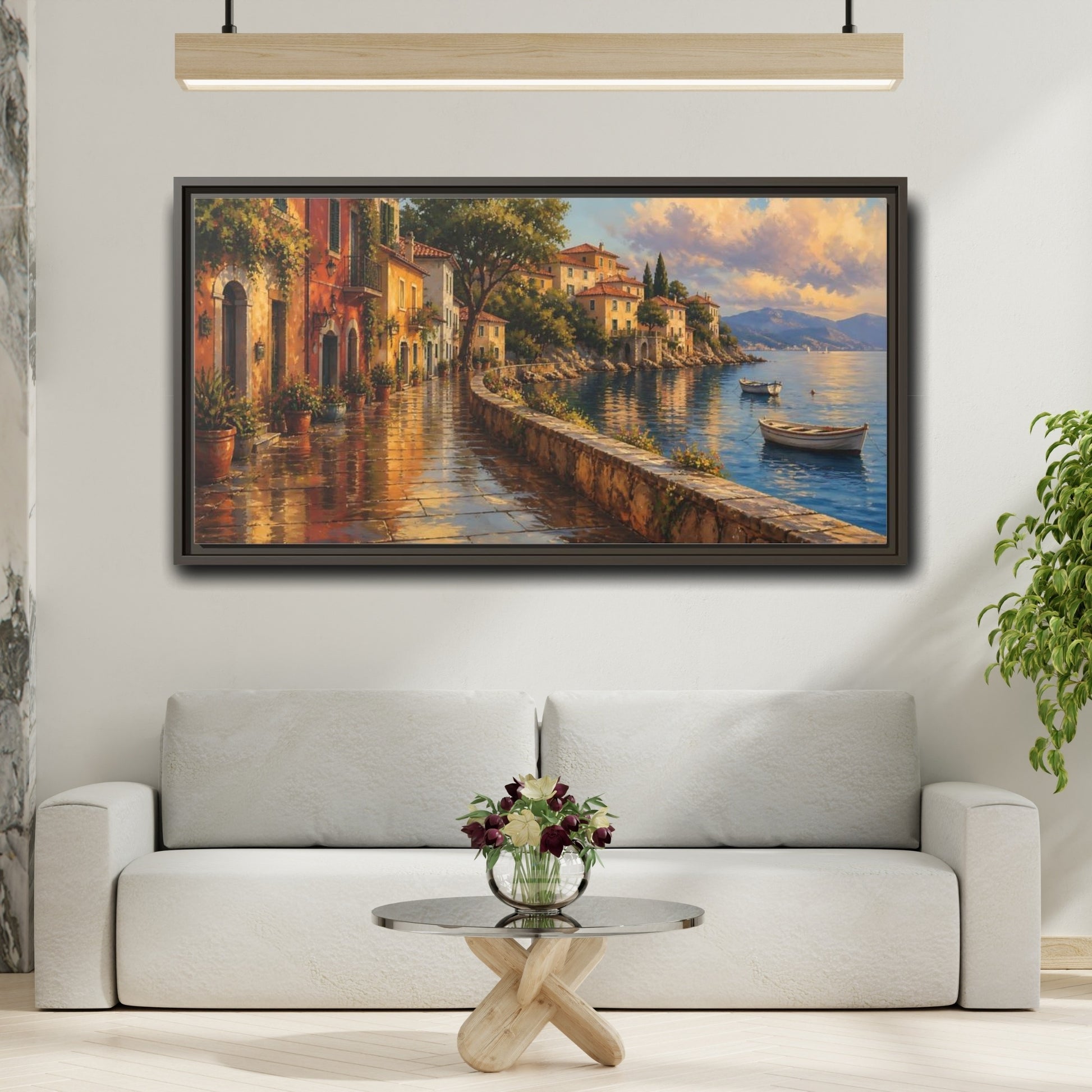 Mockup 2. Sunlit Seaside Promenade shown as framed canvas print