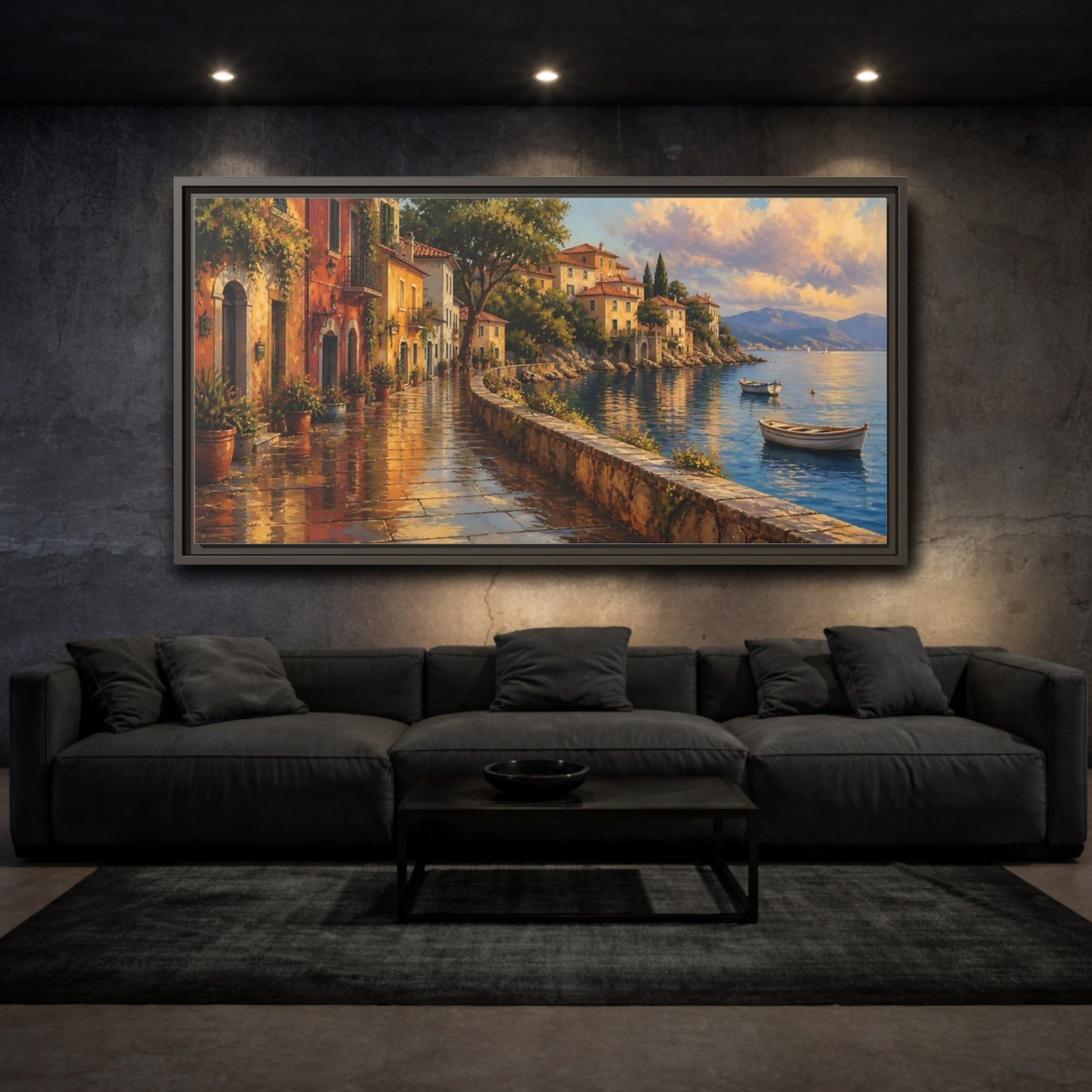 Mockup 3. Sunlit Seaside Promenade shown as framed canvas print