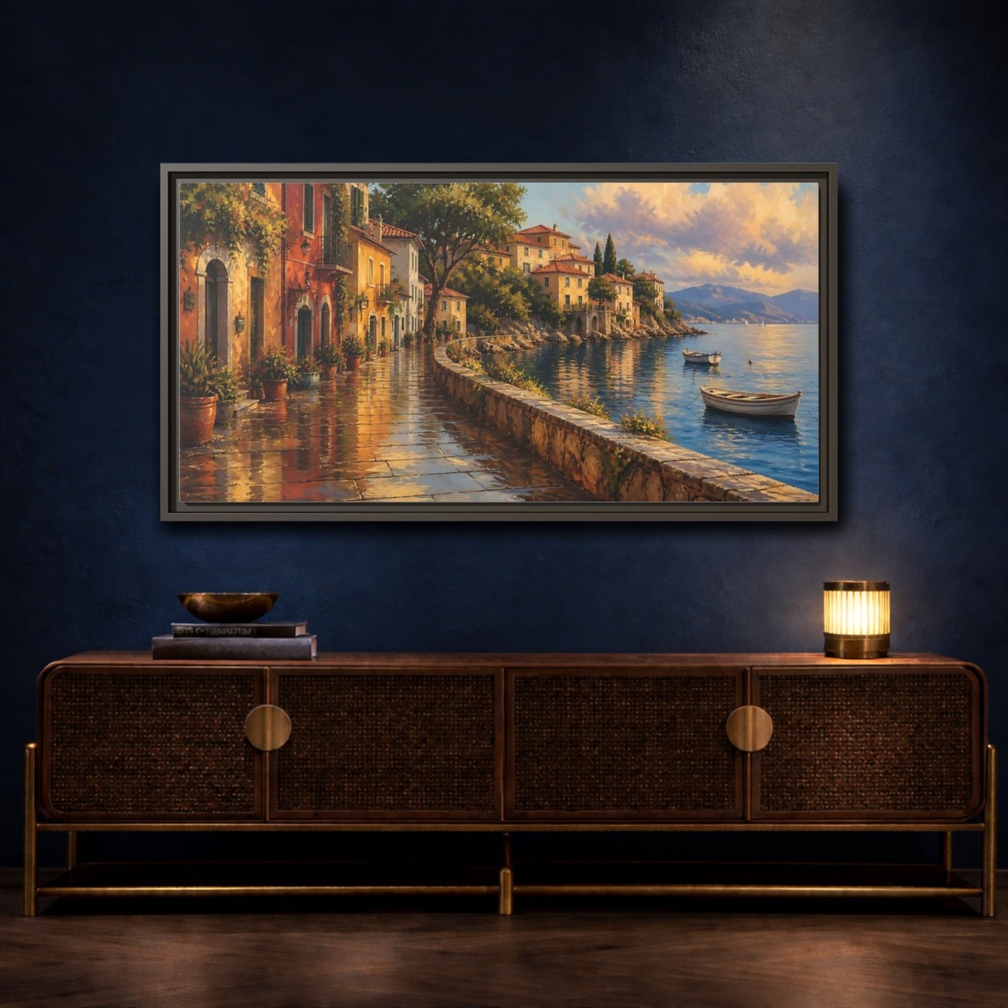 Mockup 4. Sunlit Seaside Promenade shown as framed canvas print