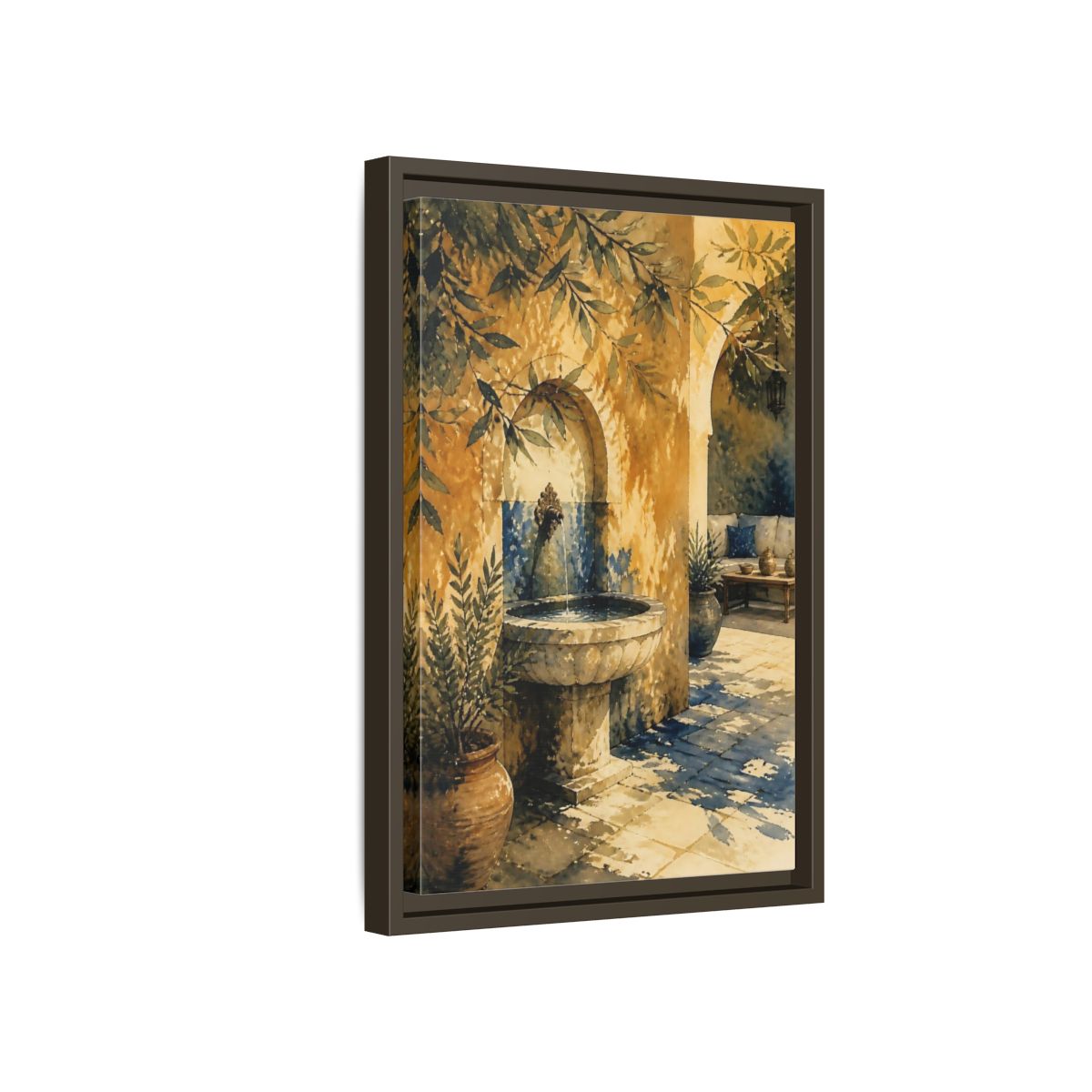 Side Mockup 5. Sunlit Stone Fountain Courtyard shown as framed canvas print