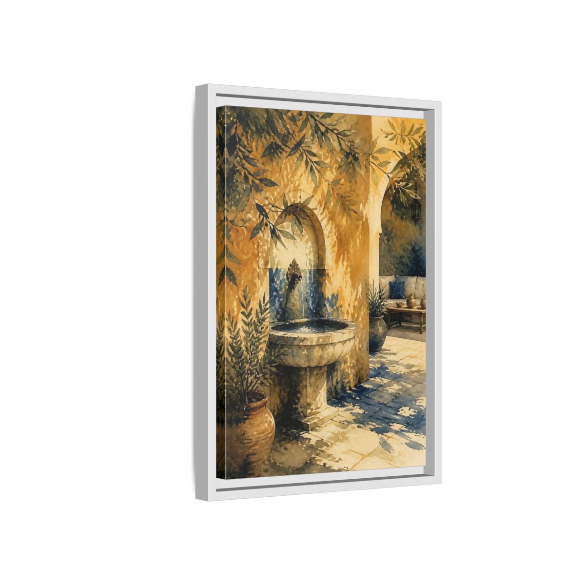 Side Mockup 4. Sunlit Stone Fountain Courtyard shown as framed canvas print