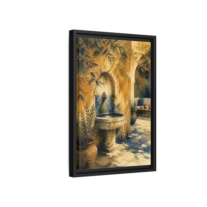 Side Mockup 6. Sunlit Stone Fountain Courtyard shown as framed canvas print