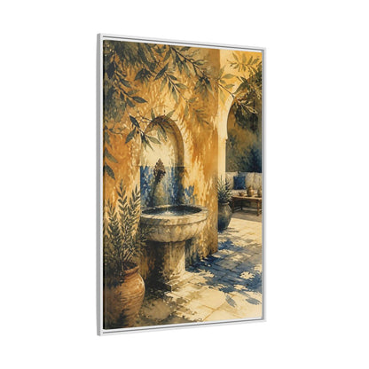 Side Mockup 7. Sunlit Stone Fountain Courtyard shown as framed canvas print