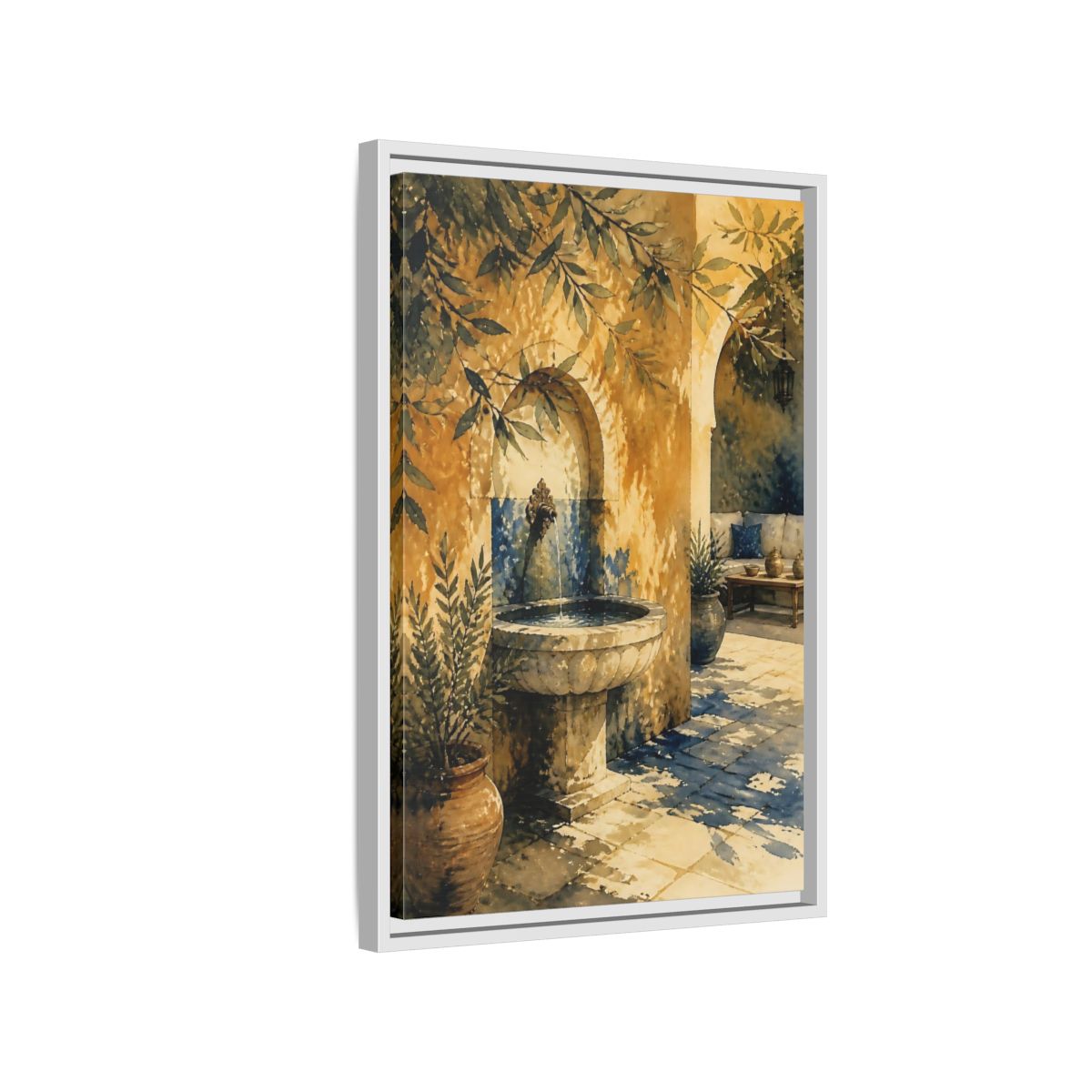 Side Mockup 1. Sunlit Stone Fountain Courtyard shown as framed canvas print