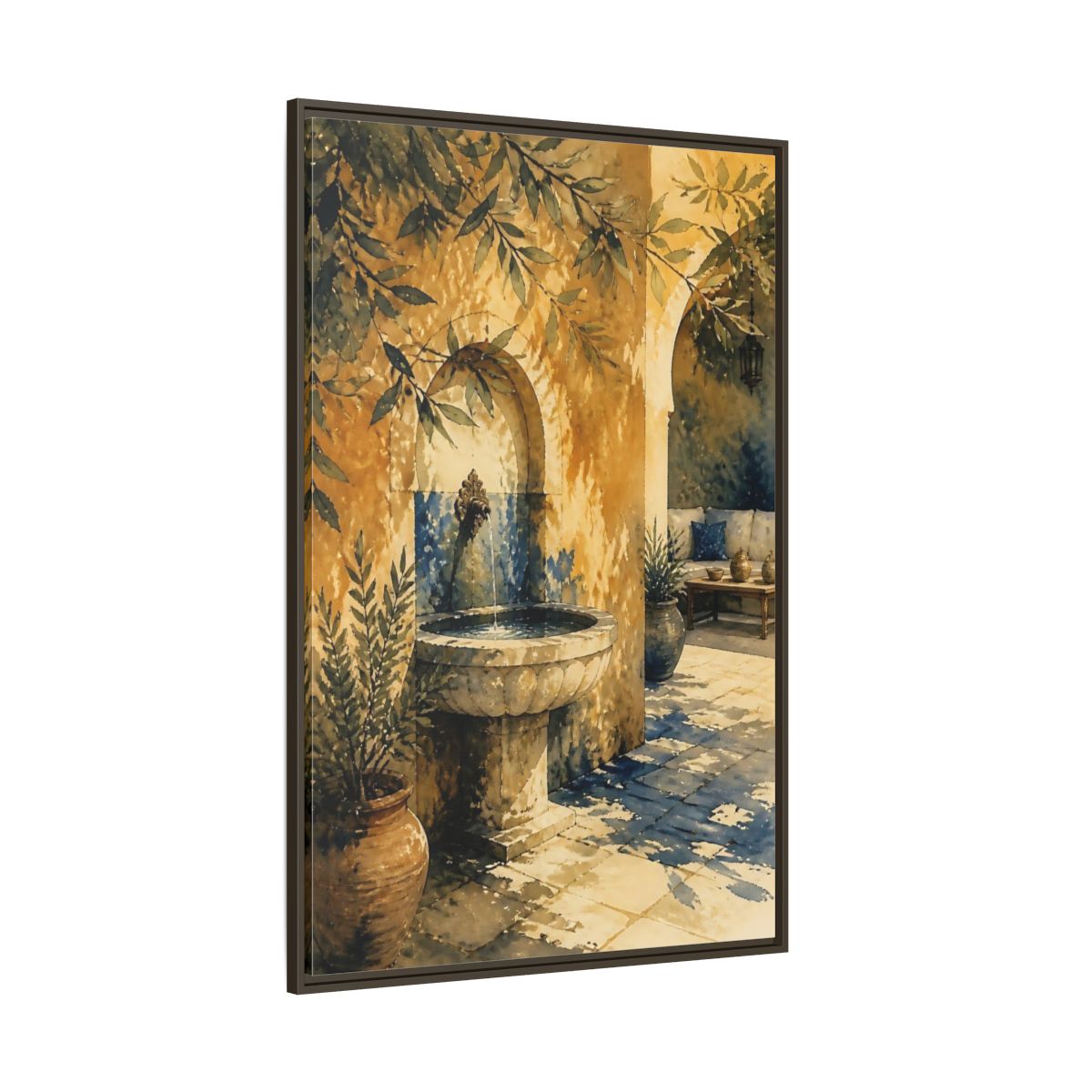 Side Mockup 8. Sunlit Stone Fountain Courtyard shown as framed canvas print
