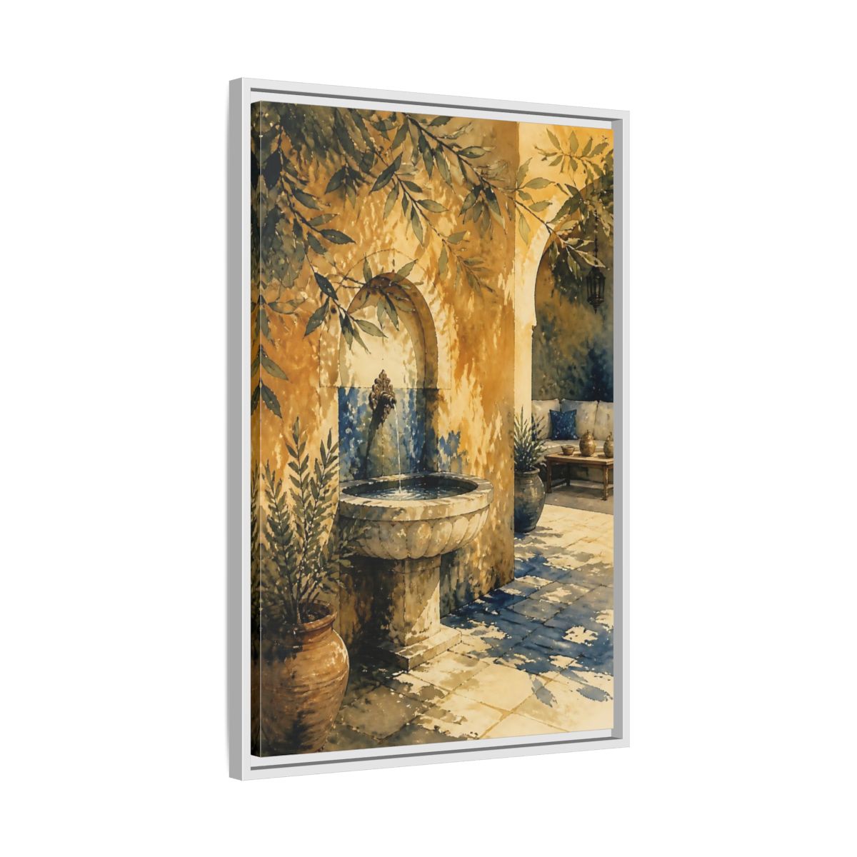 Side Mockup 10. Sunlit Stone Fountain Courtyard shown as framed canvas print