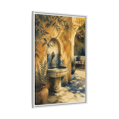 Side Mockup 10. Sunlit Stone Fountain Courtyard shown as framed canvas print