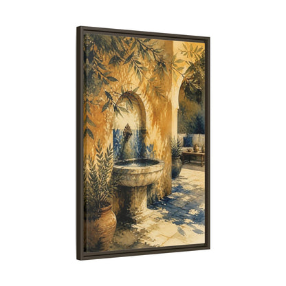 Side Mockup 11. Sunlit Stone Fountain Courtyard shown as framed canvas print