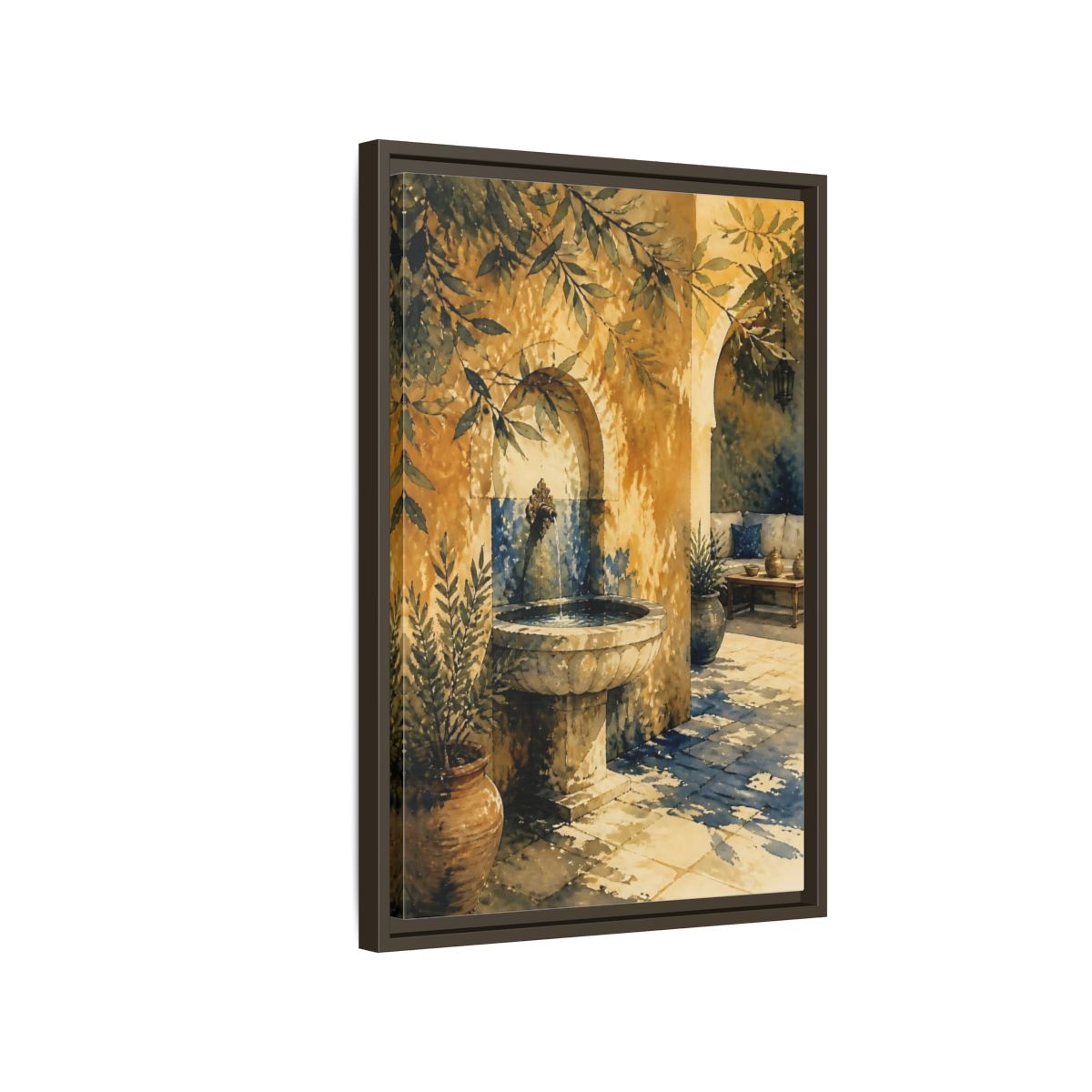 Side Mockup 2. Sunlit Stone Fountain Courtyard shown as framed canvas print