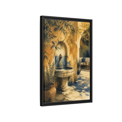 Side Mockup 3. Sunlit Stone Fountain Courtyard shown as framed canvas print