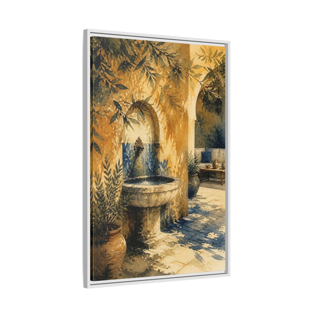 Side Mockup 9. Sunlit Stone Fountain Courtyard shown as framed canvas print