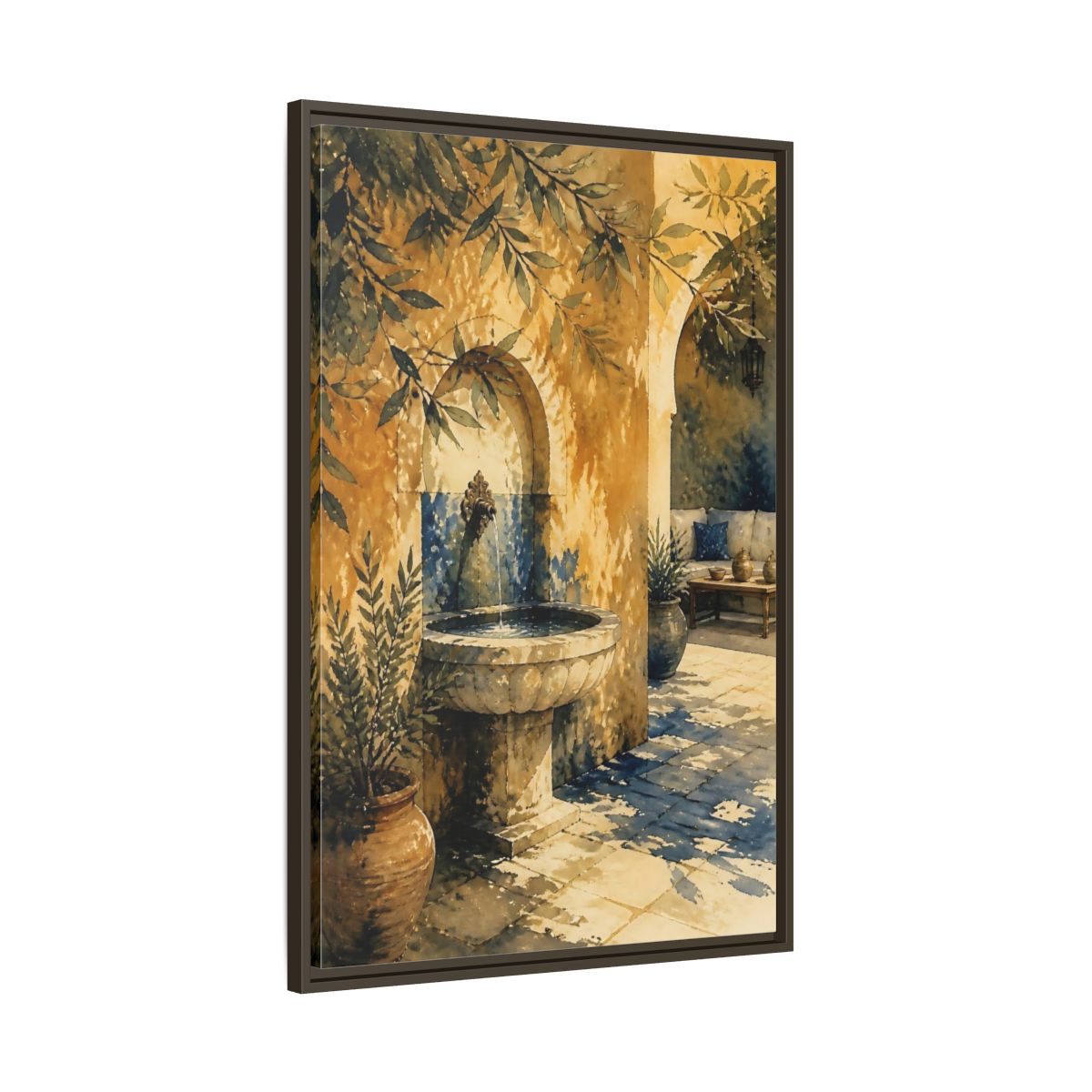 Main Mockup. Sunlit Stone Fountain Courtyard shown as framed canvas print