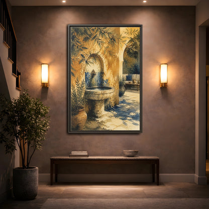 Mockup 2. Sunlit Stone Fountain Courtyard shown as framed canvas print
