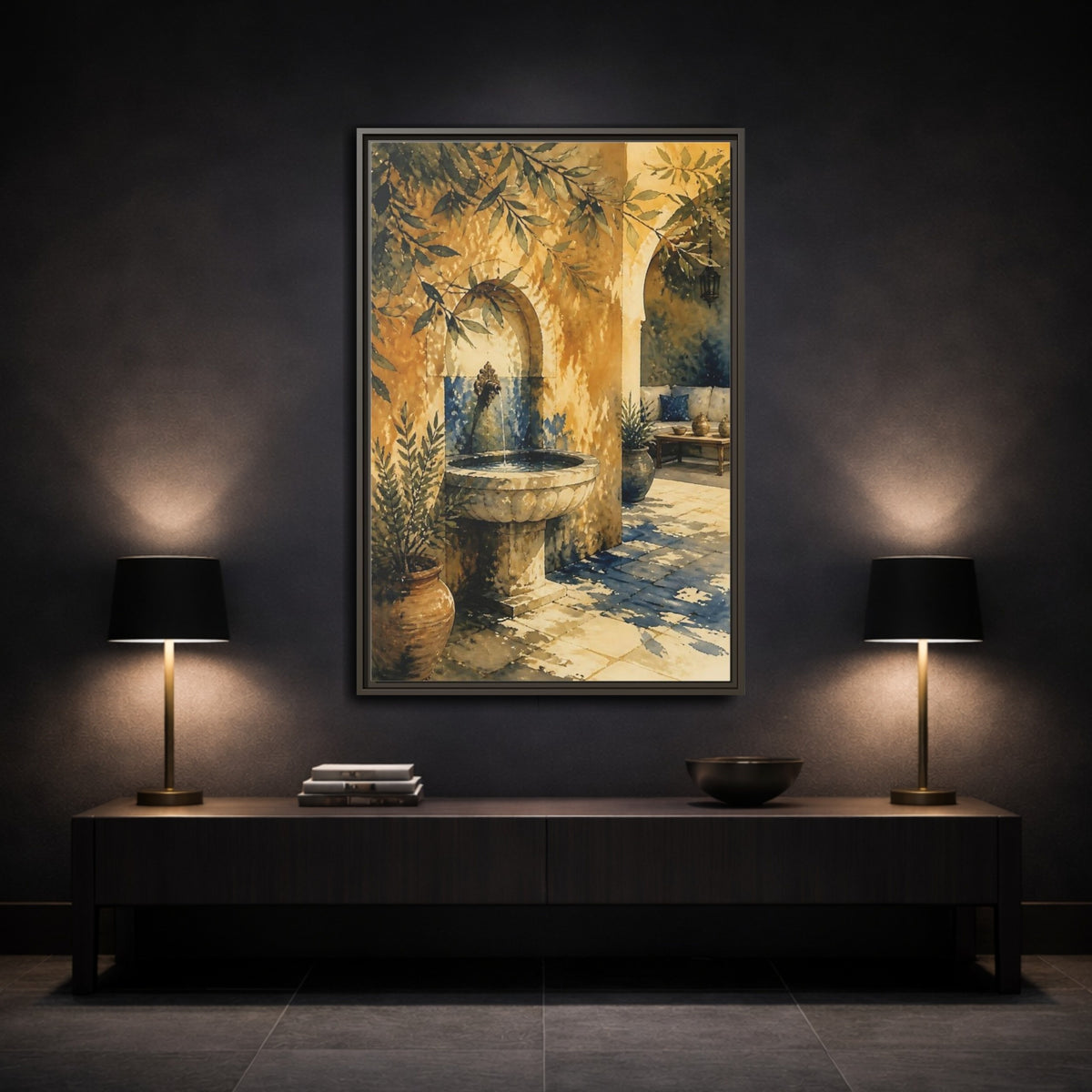 Mockup 3. Sunlit Stone Fountain Courtyard shown as framed canvas print