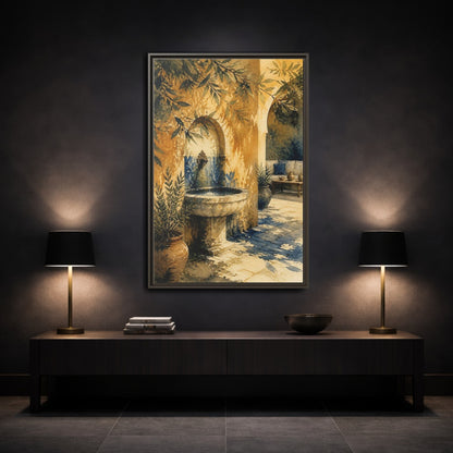 Mockup 3. Sunlit Stone Fountain Courtyard shown as framed canvas print