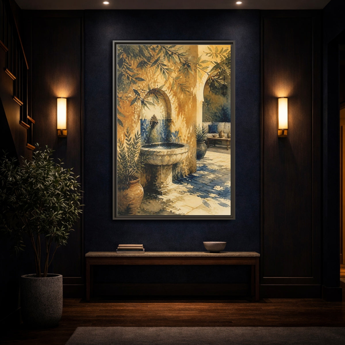 Mockup 4. Sunlit Stone Fountain Courtyard shown as framed canvas print