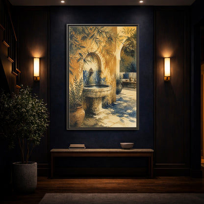 Mockup 4. Sunlit Stone Fountain Courtyard shown as framed canvas print