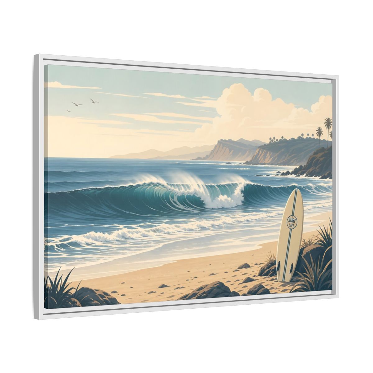 Side Mockup 9. Sunlit Surf Coast shown as framed canvas print