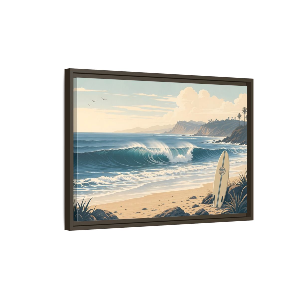 Side Mockup 2. Sunlit Surf Coast shown as framed canvas print