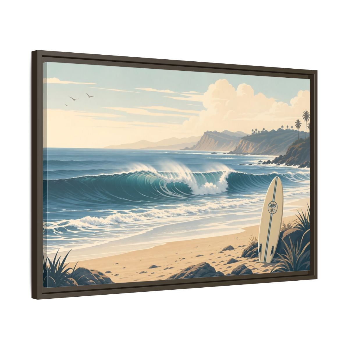Side Mockup 11. Sunlit Surf Coast shown as framed canvas print