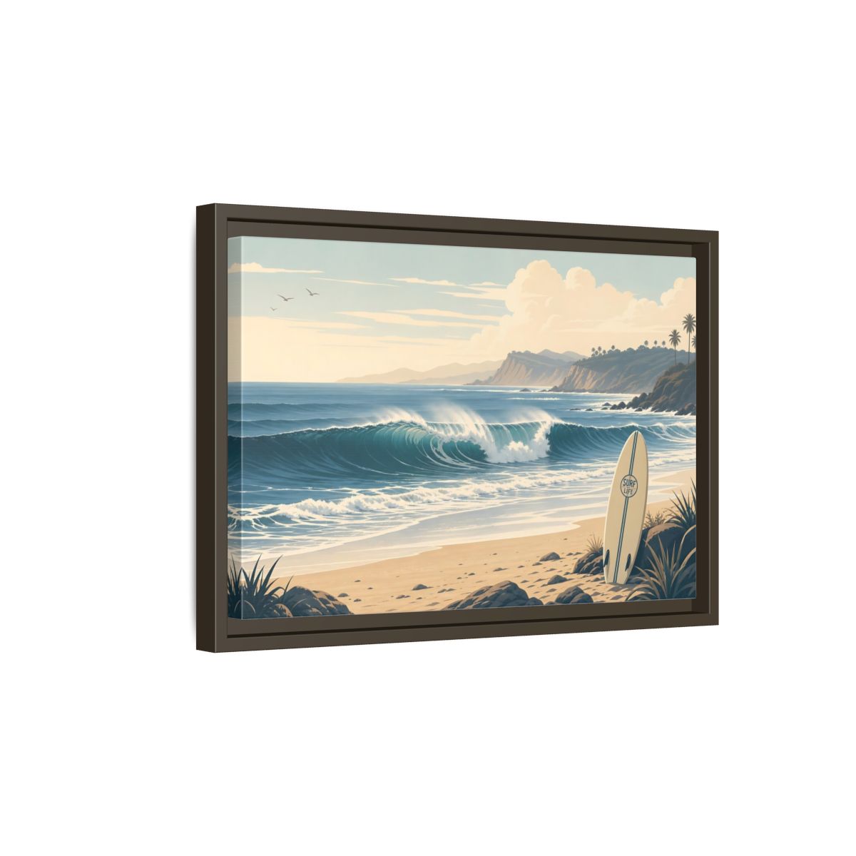 Side Mockup 5. Sunlit Surf Coast shown as framed canvas print