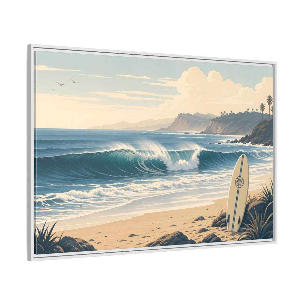 Side Mockup 7. Sunlit Surf Coast shown as framed canvas print