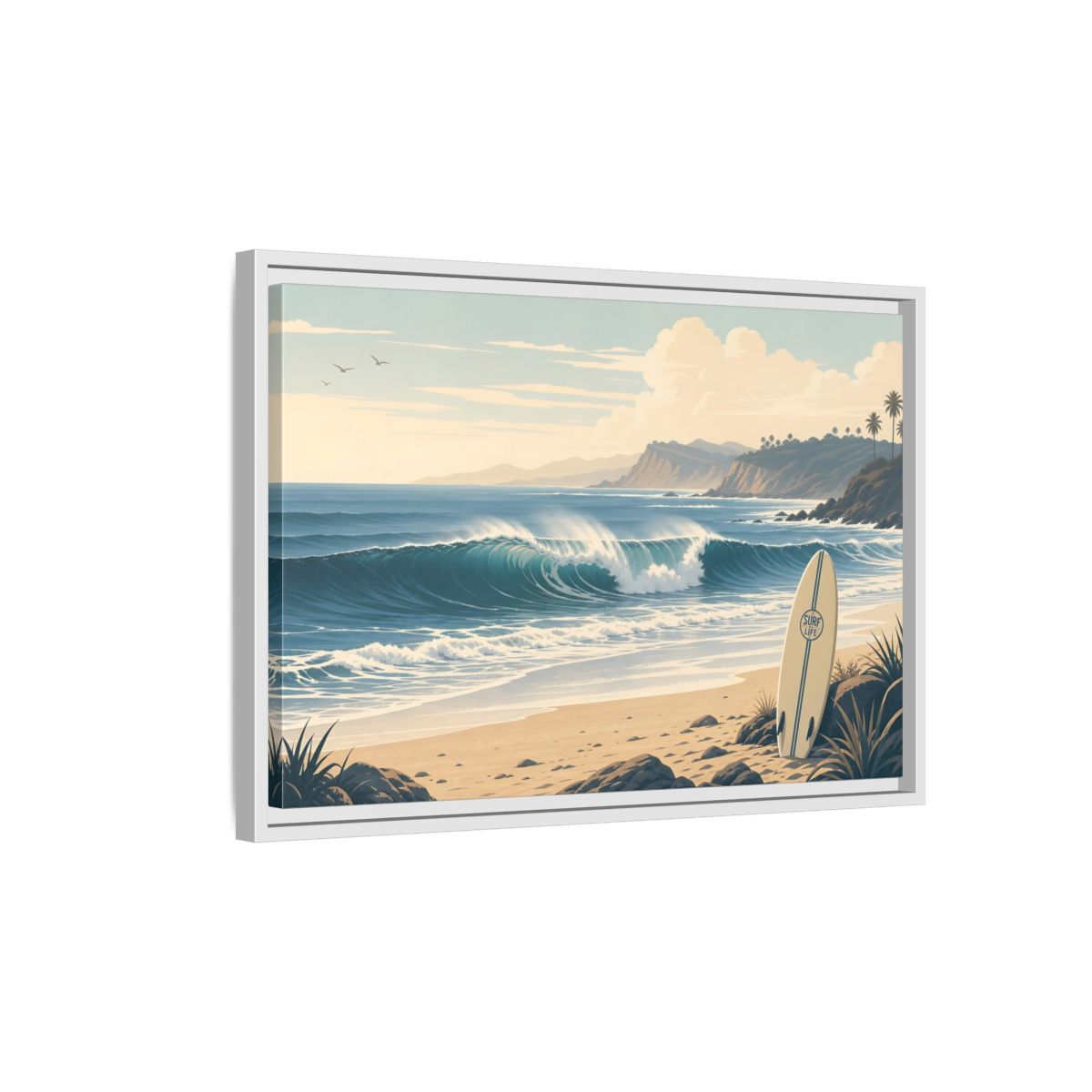 Side Mockup 1. Sunlit Surf Coast shown as framed canvas print